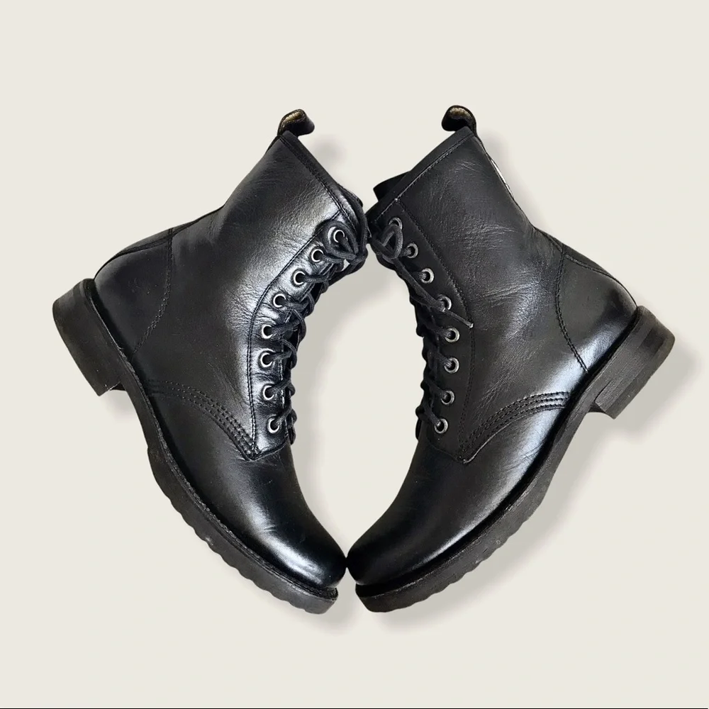 Frye Veronica Combat Black Leather Lace Up Boots - Picture 8 of 16